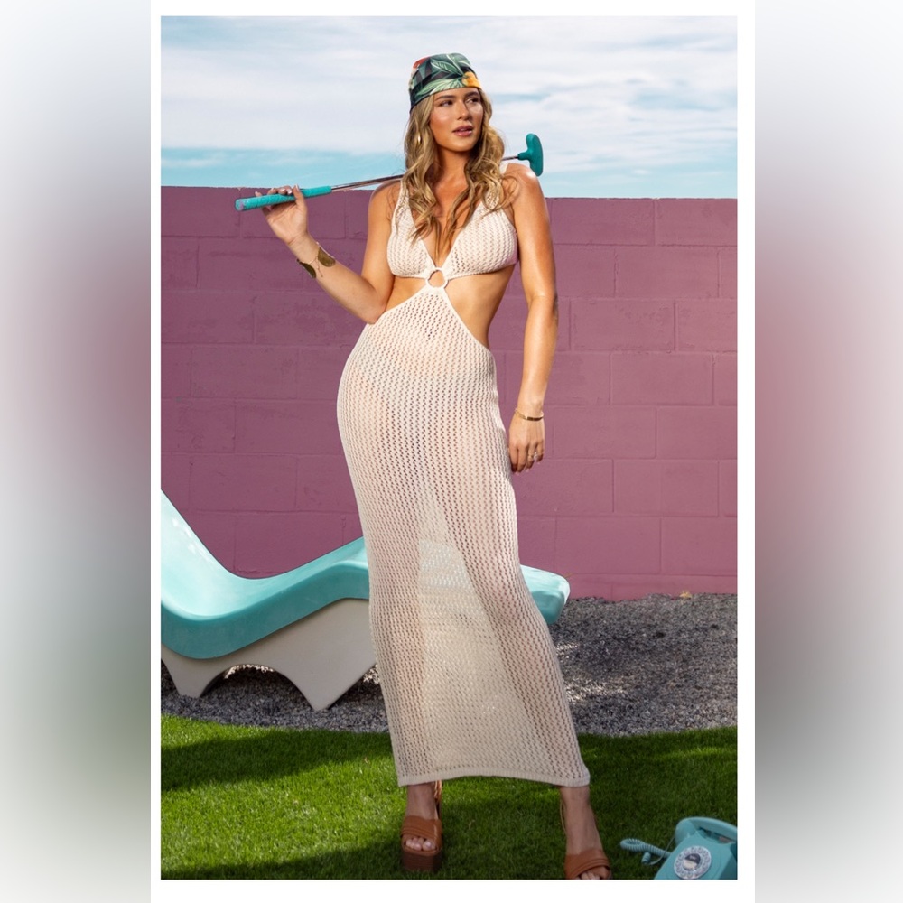 Brand New Plunging Crochet Cutout Midi Dress